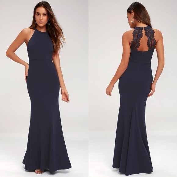 Lulus Joella Lace Halter Maxi Dress in Navy Blue Sz. Small NWT - Picture 1 of 13